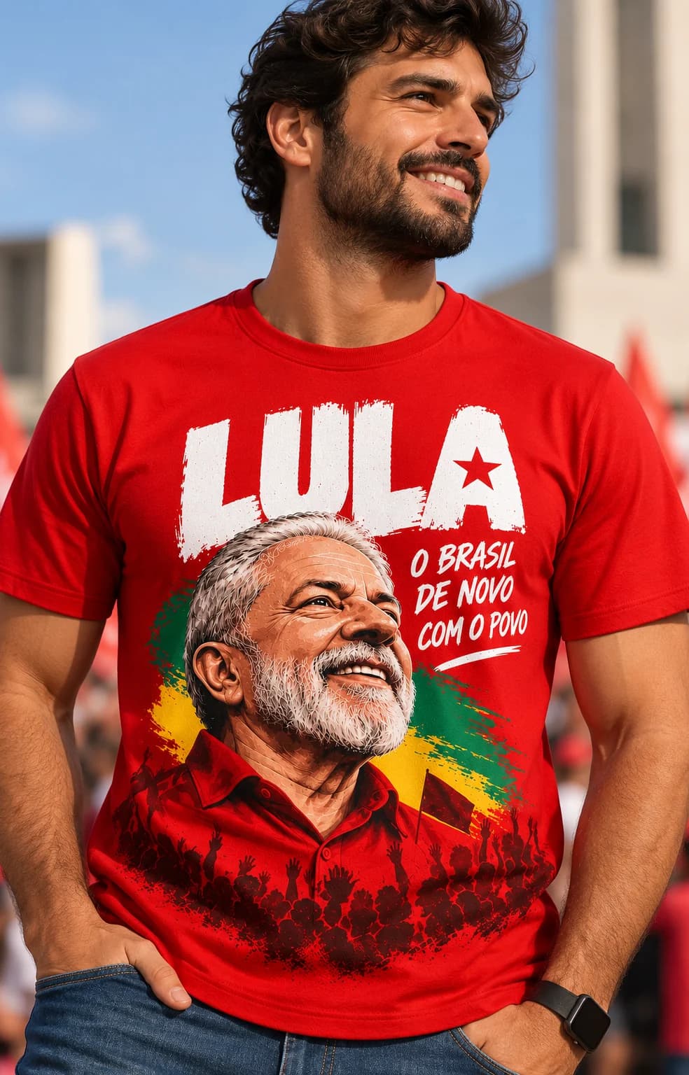 Cena externa de lifestyle com modelo usando a camiseta vermelha Somos Todos PT.